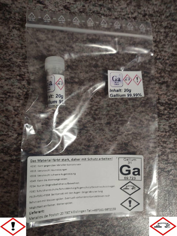 Gallium 99,99% Ga 31 Flüssigmetall 20g, 40g, 60g, 80g oder 100g (a 20g)