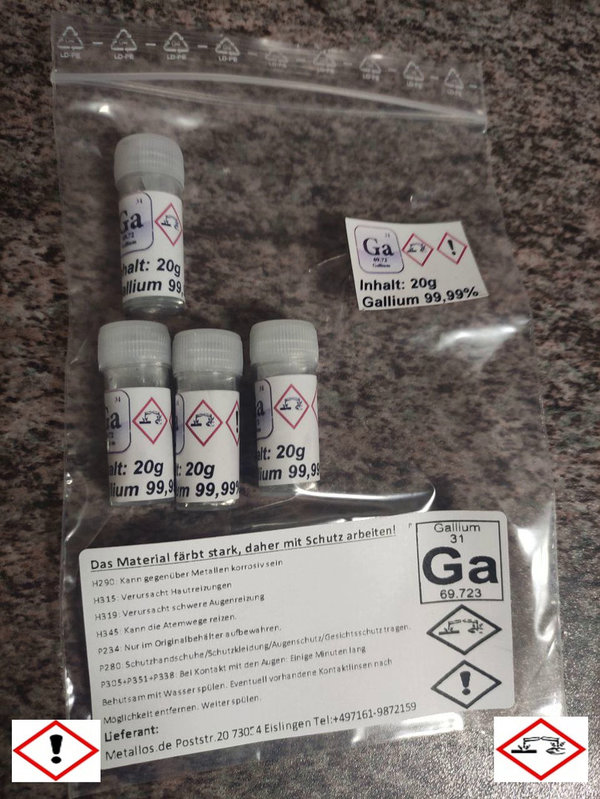Gallium 99,99% Ga 31 Flüssigmetall 20g, 40g, 60g, 80g oder 100g (a 20g)